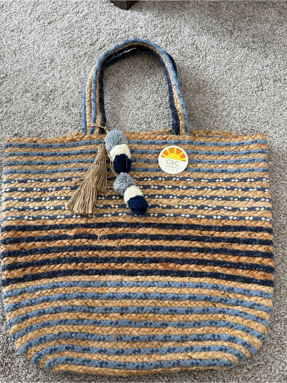 C&C California Blue and Tan Striped Jute Tote with Tassel Pom-Pom